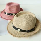 Floral Belt Fringed Straw Fedora Hat