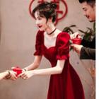 Puff-sleeve Plain A-line Evening Gown