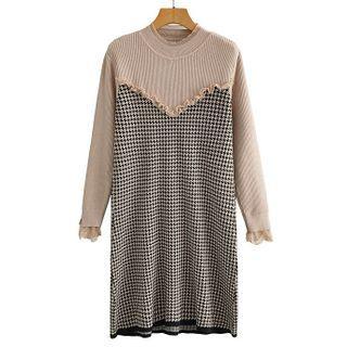 Plaid Panel Midi Knit Dress Khaki - S