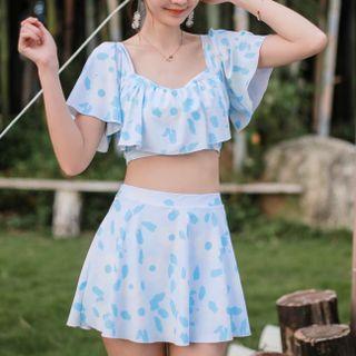 Set: Short-sleeve Print Swim Top + Swim Skirt