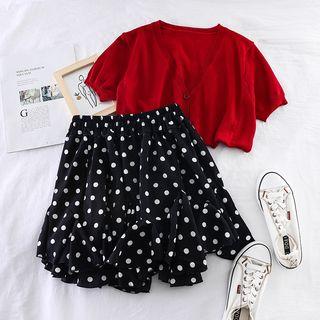 Set: V-neck Knit Top + Dotted Ruffle-trim Skirt