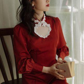 Long-sleeve Lace Trim Bow Midi Dress