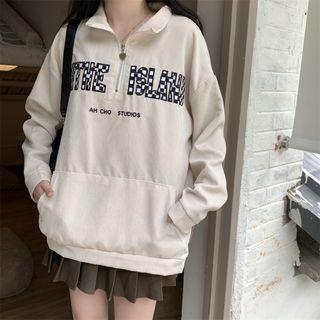 Collared Letter Embroidered Sweatshirt Beige - One Size
