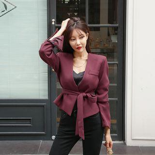 Collarless Open Jacket With Sash