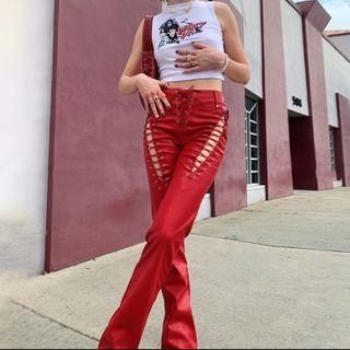 Cross Strap -side Faux Leather Straight Pants