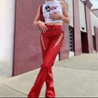 Cross Strap -side Faux Leather Straight Pants