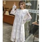 Long-sleeve Peter Pan Collar Midi A-line Lace Dress White - One Size