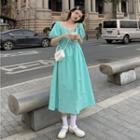 Short-sleeve Square-neck Midi A-line Dress Aqua Blue - One Size