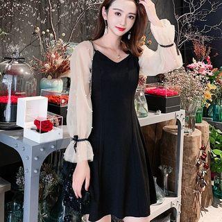 Long-sleeve Mesh Panel Embellished Mini A-line Dress