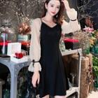 Long-sleeve Mesh Panel Embellished Mini A-line Dress