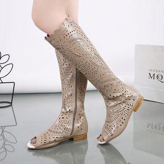 Lace Cut Out Peep Toe Tall Boots