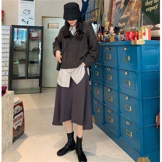 Slit-hem Midi A-line Skirt Coffee Gray - One Size