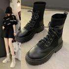Faux Leather Knit Panel Lace-up Platform Mid-calf Boots