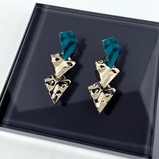 Shirred Geometric Alloy Dangle Earring 1 Pair - Dangle Earring - Silver Pin - Rhombus - Green & Silver - One Size