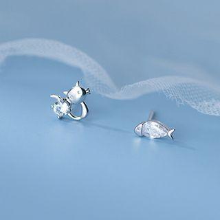 Cat & Fish Rhinestone Asymmetrical Sterling Silver Earring