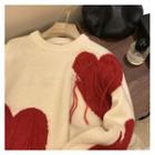 Heart Print Fringed Trim Sweater