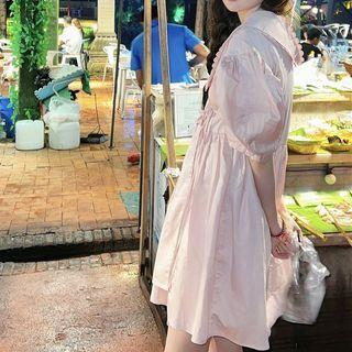 Short-sleeve Sailor Collar Lace Trim Mini Smock Dress Pink - One Size