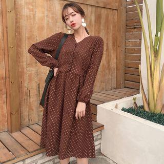 Dotted V-neck Long-sleeve Dress