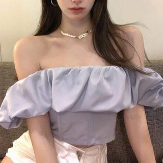 Off-shoulder Cropped Blouse Blue - One Size