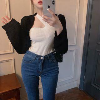 Long-sleeve Plain Knit Cardigan / Asymmetric Halter Plain Camisole