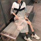 Set: 3/4-sleeve Color Block Zip Hoodie + A-line Midi Skirt As Shown In Figure - One Size