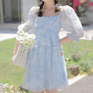 Puff-sleeve Panel Floral Print A-line Dress