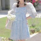 Puff-sleeve Panel Floral Print A-line Dress