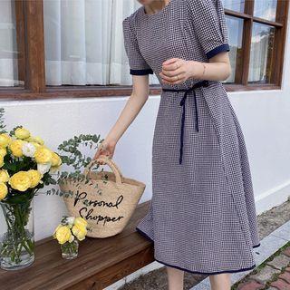 Contrast-trim Gingham Dress With Sash Black - One Size