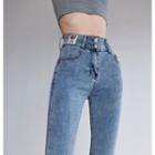 Lettering Washed High-waist Skinny Jeans