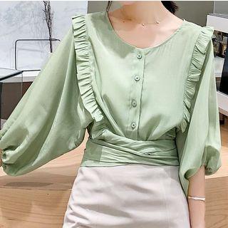 Tie-waist Frilled Trim 3/4-sleeve Chiffon Top