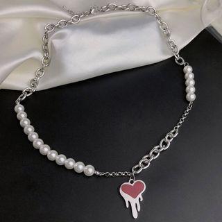 Melting Heart Pendant Stainless Steel Necklace Red & Silver - One Size