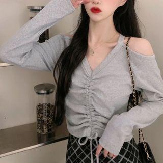 Long Sleeve Cold Shoulder Drawstring Crop Top