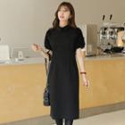 Collared Lace-sleeve Pintuck-waist Dress
