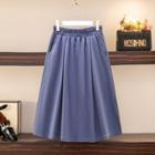 Elastic Waist Denim Midi A-line Skirt