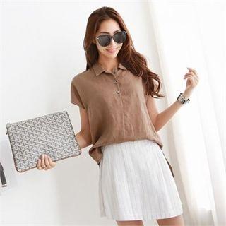 Half-placket Cap-sleeve Linen Blouse