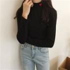 Long-sleeve Mock-neck Heart Embroidery T-shirt