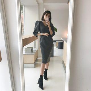 Puff-sleeve Wool Blend Midi Sheath Dress