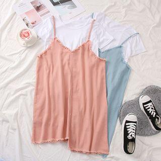 Sleeveless Frayed Denim Dress With T-shirt