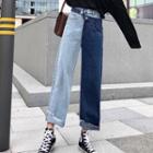 Mock Two-piece Color Block Straight-cut Jeans