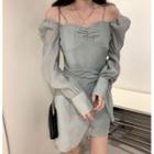 Long-sleeve Cold Shoulder Twist-front Mini A-line Dress