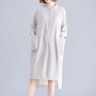 3/4-sleeve Striped High-low Shirt Dress As Shown In Figure - One Size