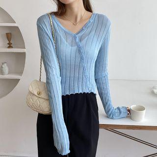 Long Sleeve V-neck Asymmetrical Button Cable Knit Top