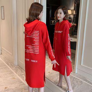 Lettering Hooded Long-sleeve Midi Dress