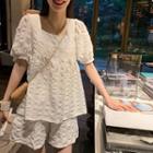 Set: Square-neck Puff-sleeve Top + Shorts