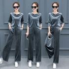 Set: 3/4-sleeve Velvet Top + Wide-leg Pants