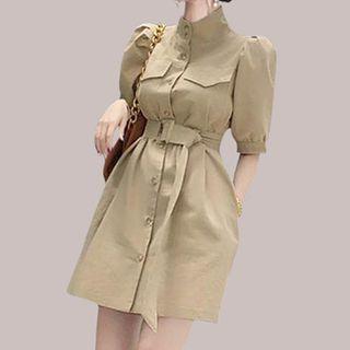 Short-sleeve Stand Collar Belted Mini A-line Dress