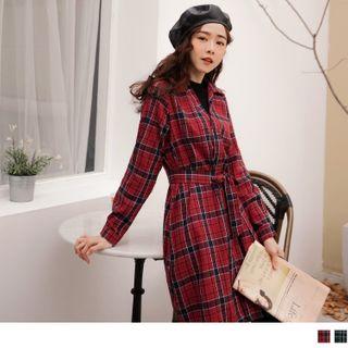 Mock Two Piece Plaid Shirtdress