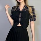 Mock Two-piece Short-sleeve Plaid Frog Buttoned Top