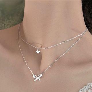 Butterfly & Flower Pendant Layered Sterling Silver Necklace