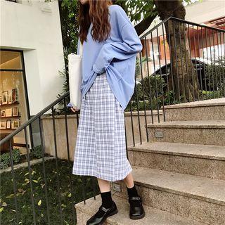 Oversized Long Sleeve T-shirt / Check Midi Skirt